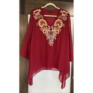 VTG Tunique Tunic Sz L Red Floral Embroidered‎ Long Sheer Sleeve Shark Bite Hem